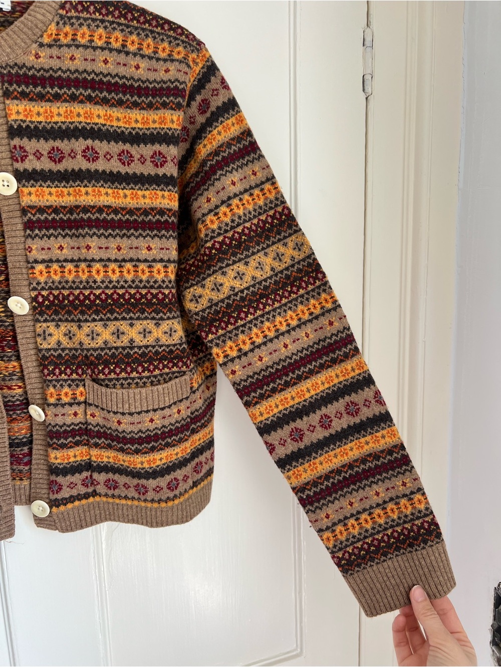 Alex Mill Tan Fair Isle Button-Front Cardigan with Mustard & Burgundy Accents - Picture 3 of 5